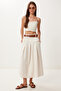 Women's Cream Belted Summer Flared Linen Skirt Bv00161