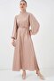 2510 Satin Hijab Evening Dress - Biscuit - 3