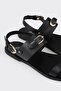 Black Leather Women's Flat Sandals - 5