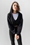 Black Hooded V-Neck Cropped Knitted Sweatshirt - 4