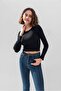 Black Long Sleeve Ribbed Blouse Crop Knitted T-shirt - 3