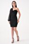 New Season Tulle Fabric Asymmetric Collar Chest Low-cut Single Sleeve Black Mini Dress - 8