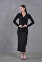 Women's Stretch Fabric Double Breasted Collar Slit Long Sleeve Midi Length Black Evening Dress 6031 - 6