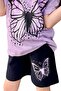 Girl's Black Pencil Butterfly Printed Combed Cotton Lilac T-Shirt Shorts Set - 6