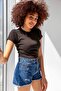 Women's Black Corded Crew Neck Basic Crop T-shirt - 2