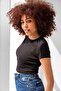Women's Black Corded Crew Neck Basic Crop T-shirt - 4