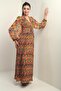 Women's V Neck Lined Floral Print Complete Pleated Chiffon Long Dress - 2