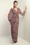 Women's V Neck Lined Floral Print Complete Pleated Chiffon Long Dress