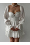 Tie-Up Handle Collar Long Sleeve Mini Dress White - 3