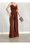 Women's Brown Imported Crepe Fabric Wide-Leg Jumpsuit Dress with Straps - 6