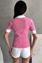 Women's A. Pink Polo Neck Ribbed Knitted Blouse - 5