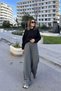 Women's Anthracite Elastic Waist, Pocket, Wide Leg, Loose Trousers - 6