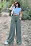Khaki Elastic High Waist, Pockets, Wide Leg, Loose Trousers - 4