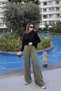 Women's Khaki Elastic Waist, Pocket, Wide Leg, Loose Trousers - 7
