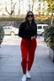 Women's Red Scuba Fabric, Comfortable Fit, Pleated Skinny Leg Sweatpants - 7