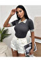 Women's Anthracite Polo Neck Ribbed Knitted Blouse