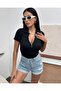 Women's Black Half-Zip Polo Collar Ribbed Knitted Blouse - 2