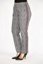 Women's Gray Large Size Plaid Patterned Trousers with Elastic Waist and Side Stripe Detail 65n36510