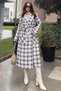 Women's Brown Double Breasted Collar, Belt, Double Pocket, Loose Cut Long Plaid Trench Coat