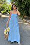 Muslin Fabric Long Dress - Baby Blue - 2