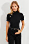 Women's Black Button Accent Ribbed Knit Blouse EY2560 - 7