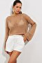 Women's Camel Spanish Sleeve Openwork Knitwear Short Blouse SMT181 - 3