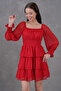 Women's Skirt Detailed Lined Chiffon Fabric Red Mini Dress 078 - 5