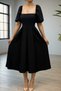 Balloon Sleeve Skirt Pleated Midi Dress with Neckline and Sleeve Hem Elastic