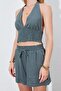 Women's Khaki Crop Blouse Shorts Linen Set - 6