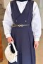 Button Detailed Sleeveless Hijab Dress Navy Blue - 3