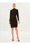 Stand Collar Straight Chain Detail Long Sleeve A-Line Crepe Women's Dress (W1) - 2