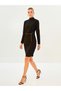 Stand Collar Straight Chain Detail Long Sleeve A-Line Crepe Women's Dress (W1)