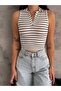 Elmas Women's Auger Fabric Striped Polo Collar Zero Sleeve Crop - 2