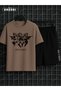 Children of Heaven Printed Cotton Unisex Light Brown T-Shirt-Black Shorts Set