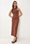 One Shoulder Saran Stretchy Woven Dress Brown Lfk0014 - 2