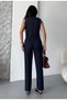 Women's Flower Button Detailed Classic Vest Trousers Suit Navy Blue - 6