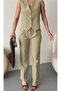 Women's Flower Button Detailed Classic Vest Trousers Suit Khaki - 4