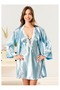 Light Blue Low-Cut Lace Satin Nightgown Dressing Gown Set