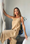 Camel Linen Dress with Rope Straps and Slits - 6