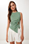 Buttoned Gathered Asymmetrical Cut Knitted Blouse Green Lfw0006 - 2