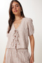 Checkered Blouse Shorts Woven Suit Beige Lfk0016 - 2
