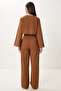 Linen Blouse Pants Set with Tie Detail Brown Lbv0068 - 7
