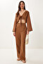 Linen Blouse Pants Set with Tie Detail Brown Lbv0068 - 2