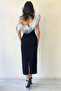 Women's One Shoulder Ruffle Stripe Detailed Midi Length Pencil Dress White Black - 6
