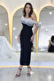 Women's One Shoulder Ruffle Stripe Detailed Midi Length Pencil Dress White Black