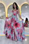 Women's Strap Pink Floral Patterned Long Slit Chiffon Evening Dress