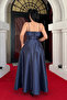 Taffeta Satin Fabric Strap Evening Dress - Dark Blue - 5