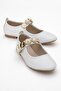 Women's Belted Crested Single-Piece Blunt Toe Ballerinas White