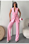 Women's Shawl Collar and Belted Vest Pants Suit Pink