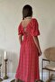 Women's Summer Red Floral Patterned Back Low-Cut Midi Length Dress 11B-6940 - 5